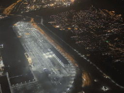 Houses and buildings at Rotterdam, viewed from the airplane, by night