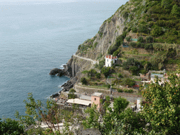 The new town and the Via dell`Amore path to Manarola, viewed from the Riomaggiore Castle