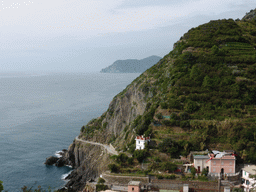 The new town and the Via dell`Amore path to Manarola, viewed from the Riomaggiore Castle