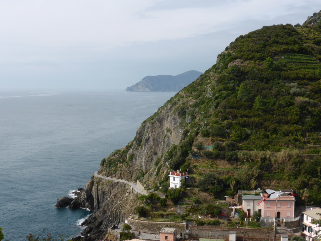 The new town and the Via dell`Amore path to Manarola, viewed from the Riomaggiore Castle