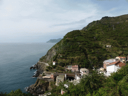 The new town and the Via dell`Amore path to Manarola, viewed from the Riomaggiore Castle