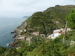 The new town and the Via dell`Amore path to Manarola, viewed from the Riomaggiore Castle