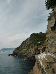 The new town and the Via dell`Amore path to Manarola, viewed from the panoramic path of Riomaggiore