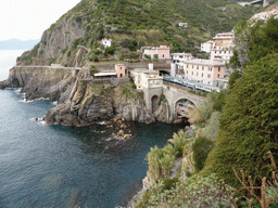 The new town, the railway station and the Via dell`Amore path to Manarola, viewed from the panoramic path of Riomaggiore