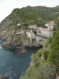 The new town, the railway station and the Via dell`Amore path to Manarola, viewed from the panoramic path of Riomaggiore