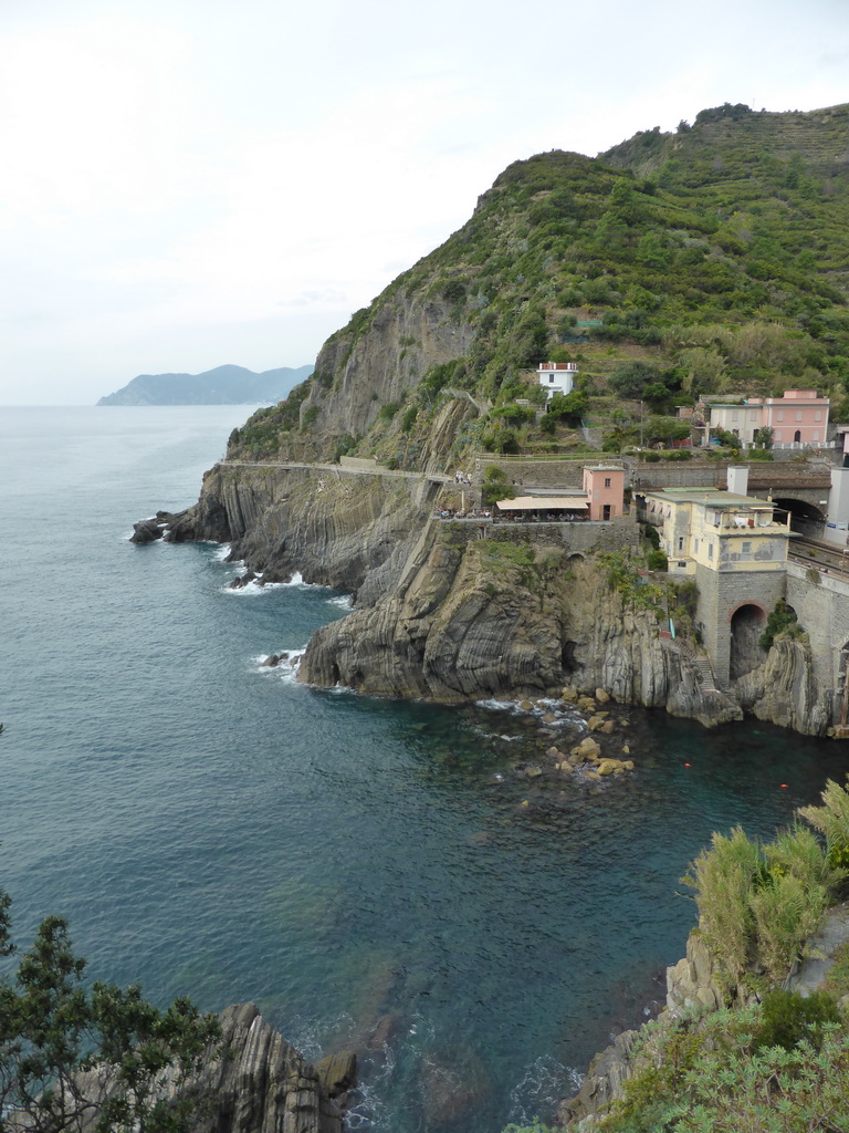 The new town, the railway station and the Via dell`Amore path to Manarola, viewed from the panoramic path of Riomaggiore