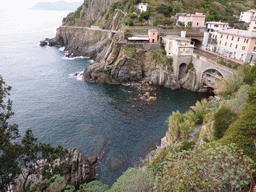 The new town, the railway station and the Via dell`Amore path to Manarola, viewed from the panoramic path of Riomaggiore