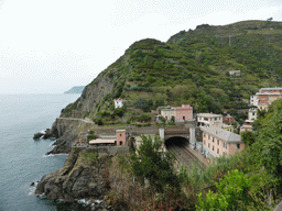 The new town, the railway station and the Via dell`Amore path to Manarola, viewed from the panoramic path of Riomaggiore