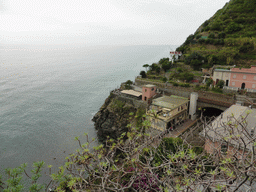 The new town, the railway station and the Via dell`Amore path to Manarola, viewed from the panoramic path of Riomaggiore