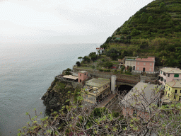 The new town, the railway station and the Via dell`Amore path to Manarola, viewed from the panoramic path of Riomaggiore