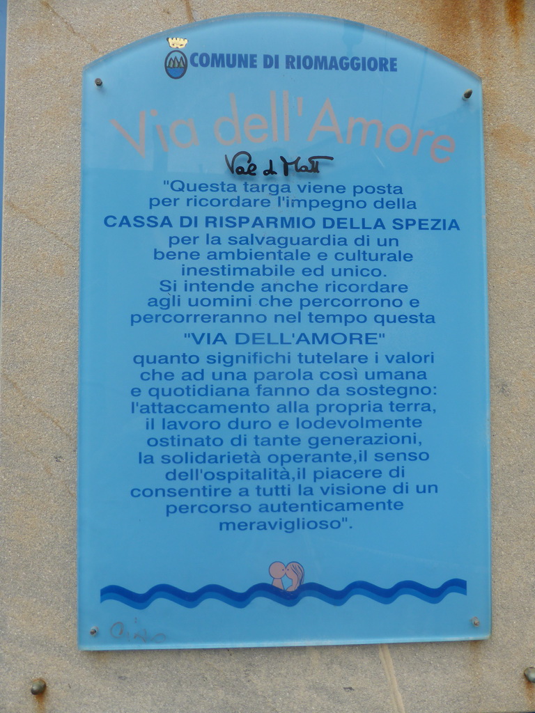 Sign at the start of the Via dell`Amore path to Manarola, at the Riomaggiore railway station