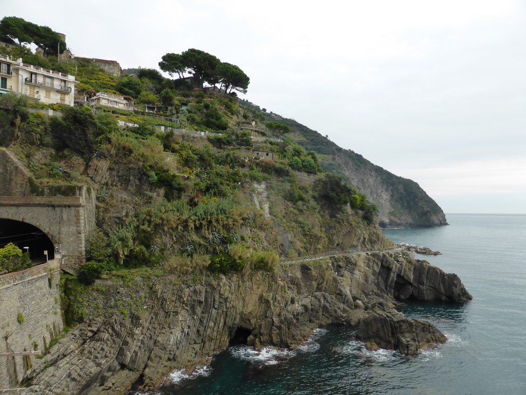 Path leading from the new town of Riomaggiore to the town center, viewed from the Via dell`Amore path to Manarola