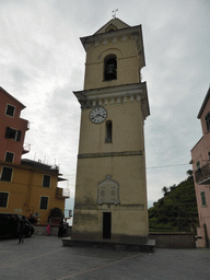 The bell tower of the Chiesa di San Lorenzo church at the Piazza di Papa Innocenzo IV square at Manarola