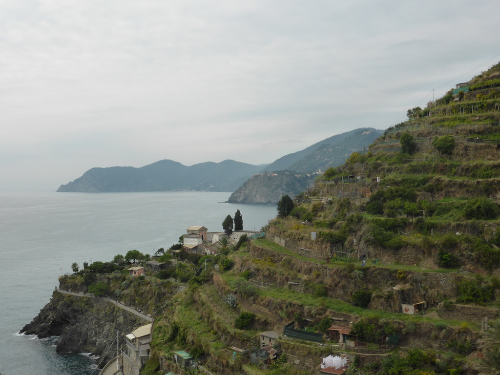 Hill with wine fields and the Punta Bonfiglio hill at Manarola and a view on Monterosso al Mare and Corniglia from the Via Rolandi street