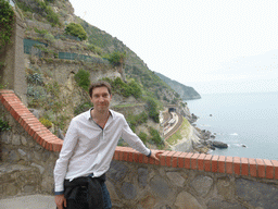 Tim at the Piazza Castello square, with a view on the Manarola railway station