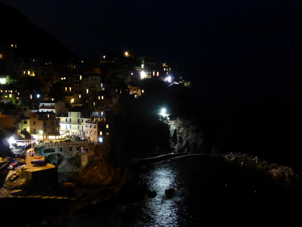 Manarola and its harbour, viewed from the Punta Bonfiglio hill, by night