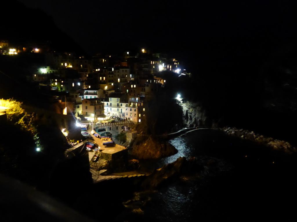 Manarola and its harbour, viewed from the Punta Bonfiglio hill, by night