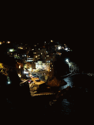 Manarola and its harbour, viewed from the Punta Bonfiglio hill, by night
