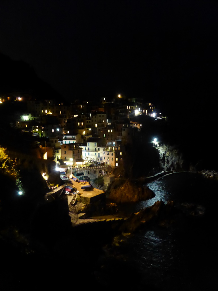 Manarola and its harbour, viewed from the Punta Bonfiglio hill, by night