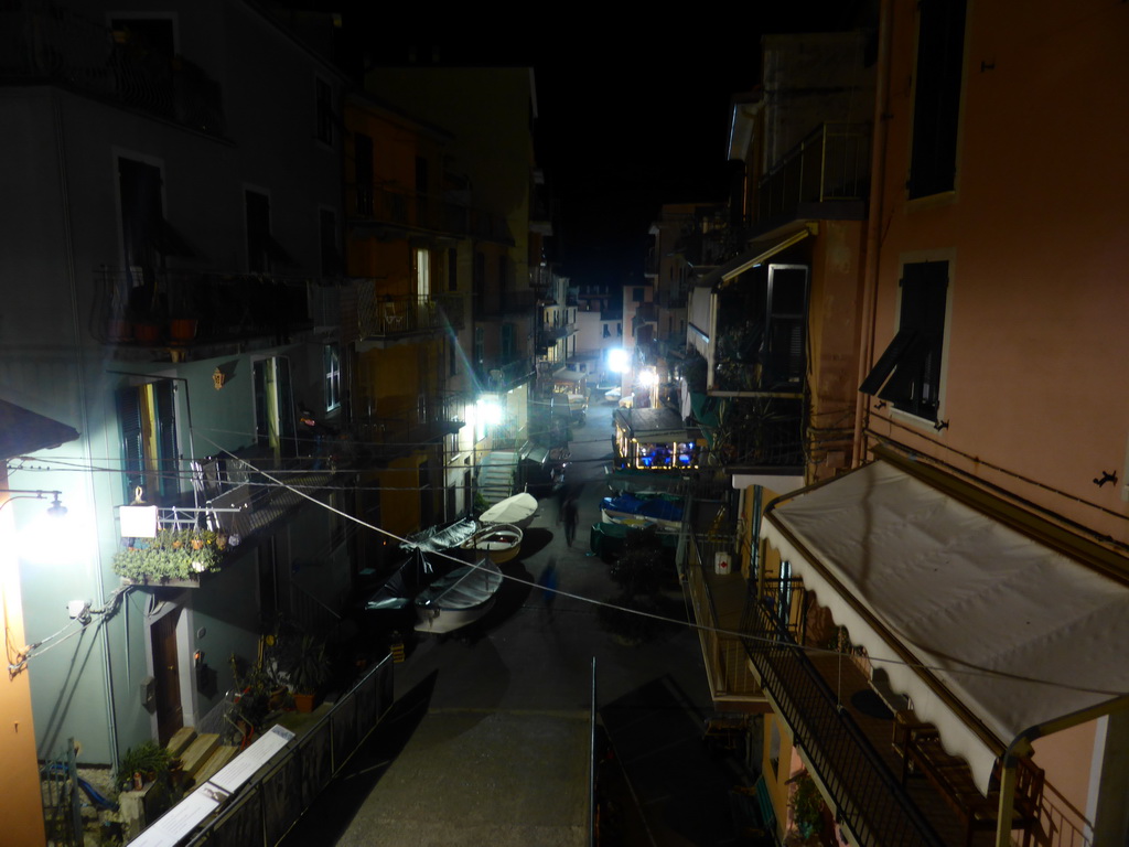 The Via Renato Birolli street at Manarola, viewed from the Piazza Dario Capellini square, by night