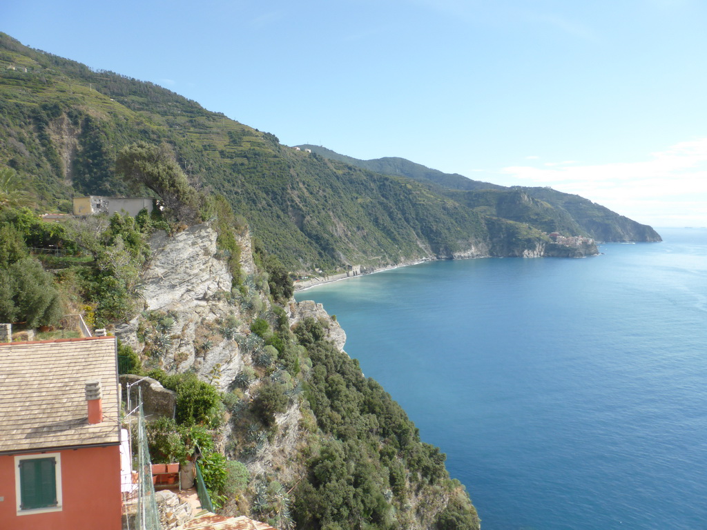 The Corniglia railway station and Manarola, viewed from the square behind the Oratory of San Caterina at Corniglia