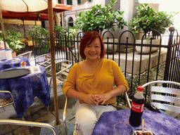 Miaomiao at the terrace of the Caffe Matteo restaurant at the Largo Taragio square at Corniglia