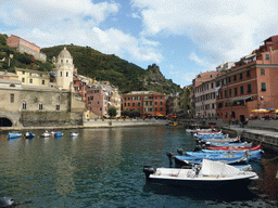 The harbour of Vernazza and the Piazza Marconi square with the Chiesa di Santa Margherita d`Antiochia church