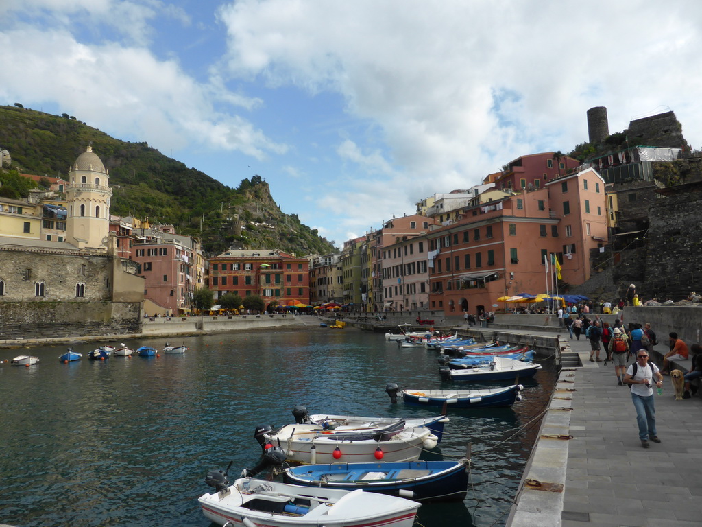 The harbour of Vernazza, the Piazza Marconi square with the Chiesa di Santa Margherita d`Antiochia church and the Doria Castle