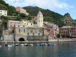 The harbour of Vernazza and the Piazza Marconi square with the Chiesa di Santa Margherita d`Antiochia church