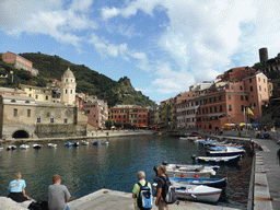 The harbour of Vernazza, the Piazza Marconi square with the Chiesa di Santa Margherita d`Antiochia church and the Doria Castle