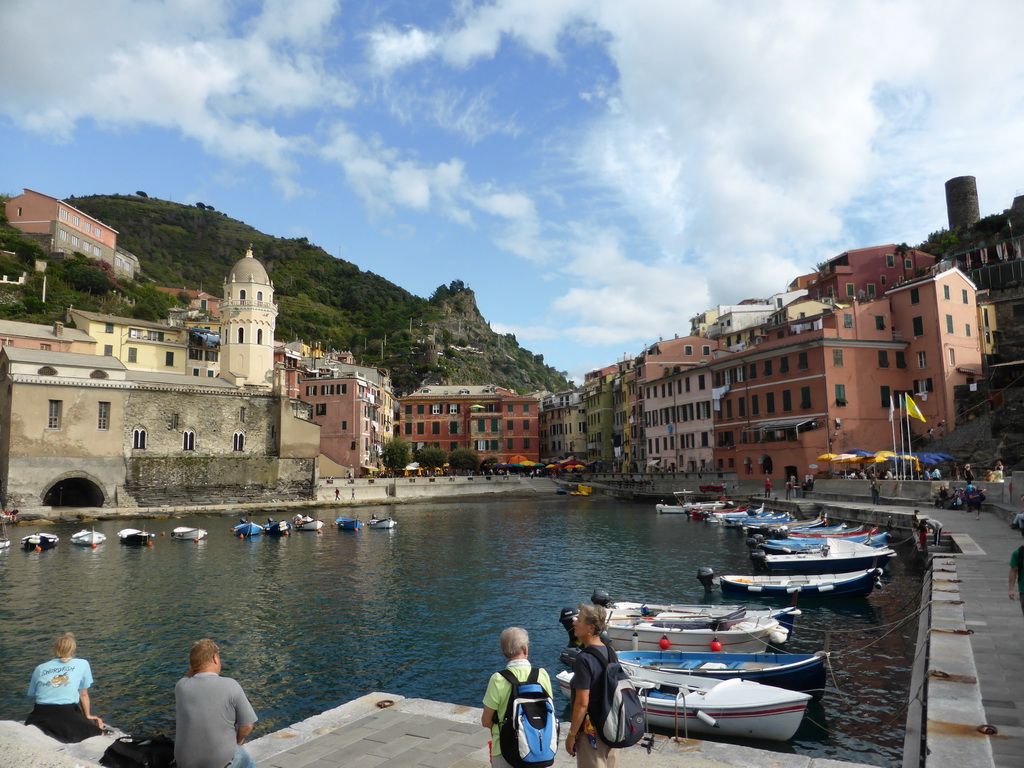 The harbour of Vernazza, the Piazza Marconi square with the Chiesa di Santa Margherita d`Antiochia church and the Doria Castle