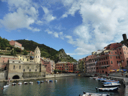 The harbour of Vernazza, the Piazza Marconi square with the Chiesa di Santa Margherita d`Antiochia church and the Doria Castle