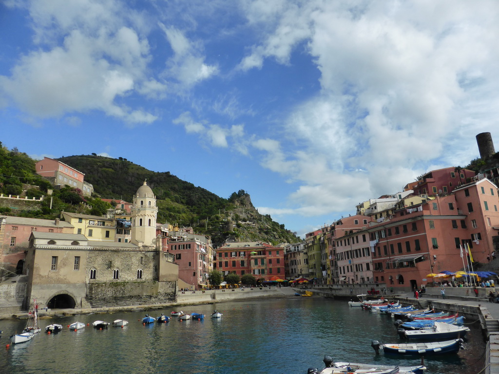 The harbour of Vernazza, the Piazza Marconi square with the Chiesa di Santa Margherita d`Antiochia church and the Doria Castle