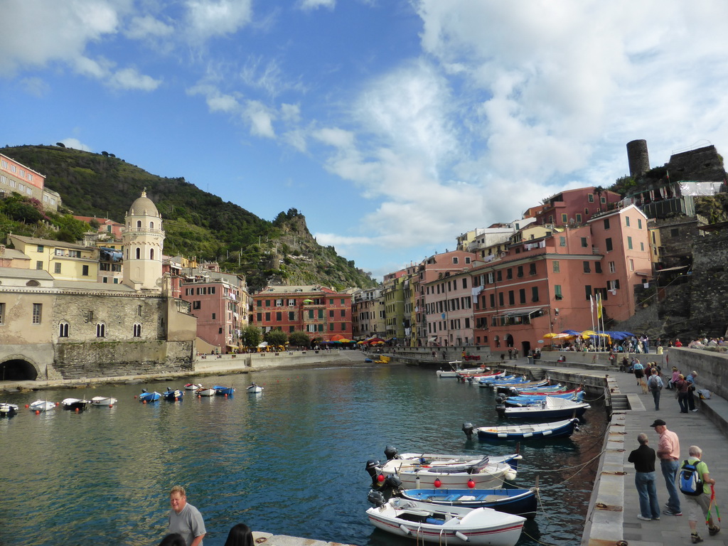 The harbour of Vernazza, the Piazza Marconi square with the Chiesa di Santa Margherita d`Antiochia church and the Doria Castle