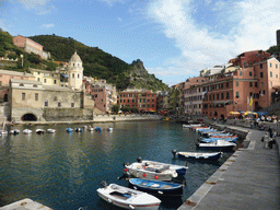 The harbour of Vernazza and the Piazza Marconi square with the Chiesa di Santa Margherita d`Antiochia church