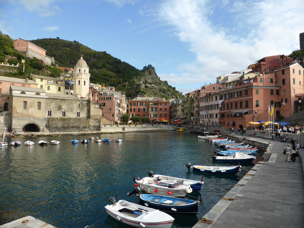 The harbour of Vernazza and the Piazza Marconi square with the Chiesa di Santa Margherita d`Antiochia church