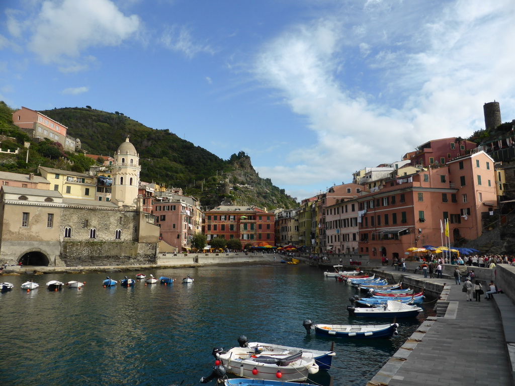 The harbour of Vernazza, the Piazza Marconi square with the Chiesa di Santa Margherita d`Antiochia church and the Doria Castle
