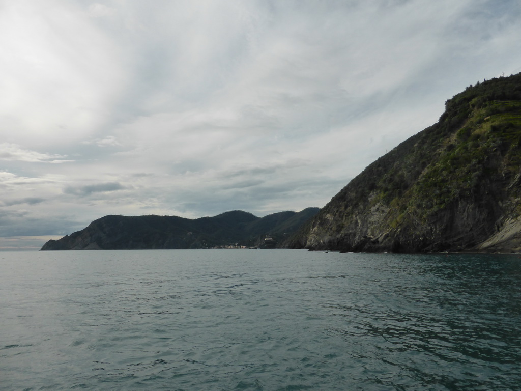 Monterosso al Mare and hills on the north side of Vernazza, viewed from the harbour of Vernazza