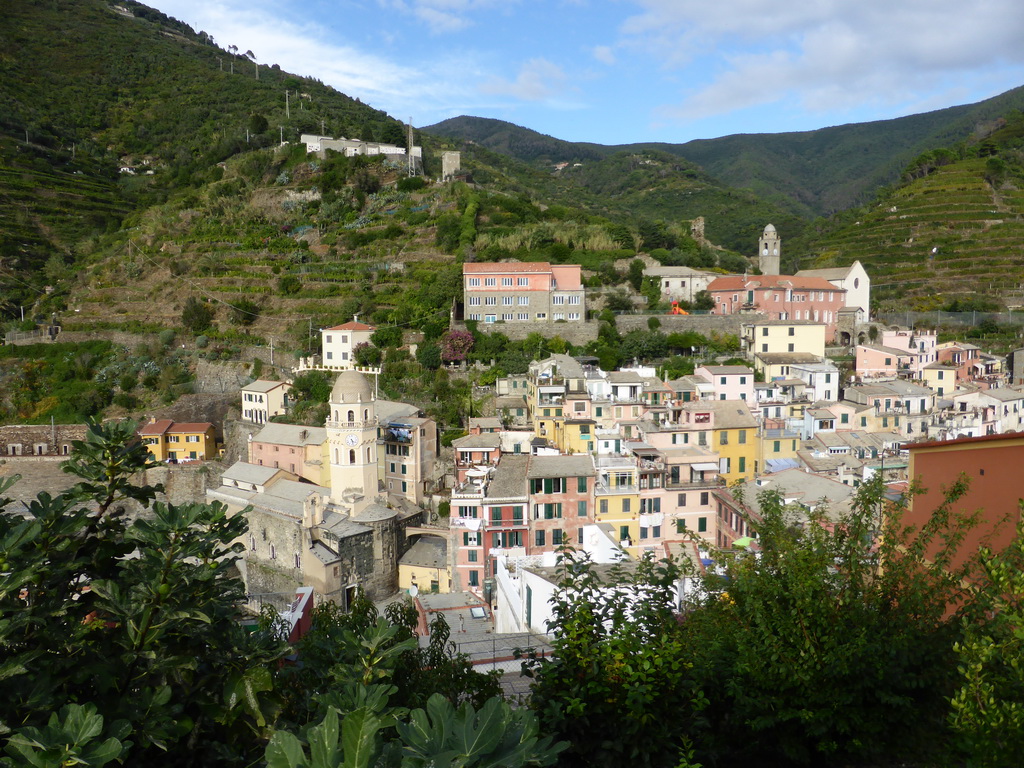 The town of Vernazza with the Chiesa di Santa Margherita d`Antiochia church and the Santuario di Nostra Signora di Reggio sanctuary, viewed from the Doria Castle