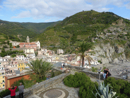 The Doria Castle viewing point and the town of Vernazza with the Santuario di Nostra Signora di Reggio sanctuary, viewed from the Doria Castle