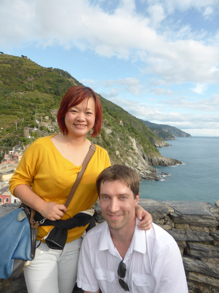 Tim and Miaomiao on top of the tower of the Doria Castle at Vernazza, with a view on the south side of the town