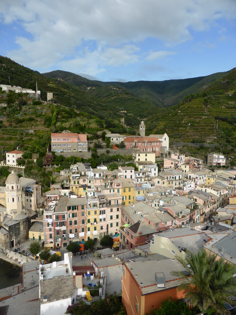 The town of Vernazza with the Chiesa di Santa Margherita d`Antiochia church and the Santuario di Nostra Signora di Reggio sanctuary, viewed from the tower of the Doria Castle