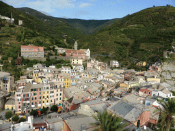 The town of Vernazza with the Santuario di Nostra Signora di Reggio sanctuary, viewed from the tower of the Doria Castle