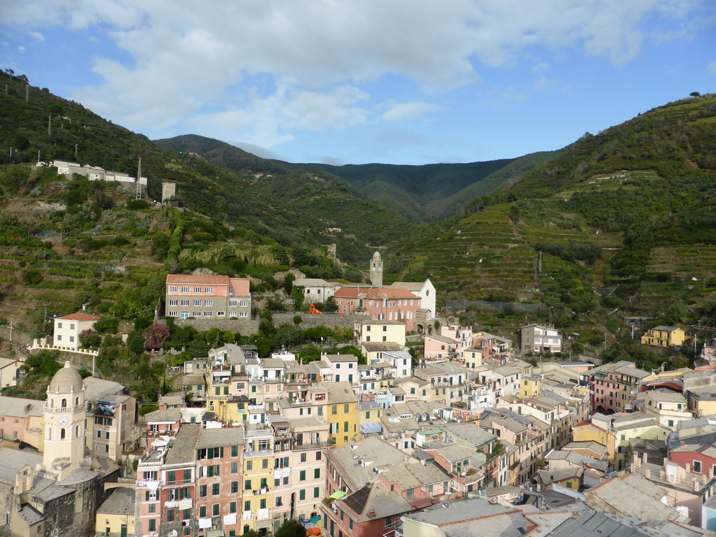 The town of Vernazza with the Chiesa di Santa Margherita d`Antiochia church and the Santuario di Nostra Signora di Reggio sanctuary, viewed from the tower of the Doria Castle