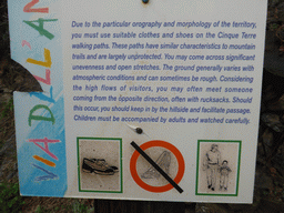 Warning sign for the Cinque Terre walking paths, at the path from Vernazza to Monterosso al Mare