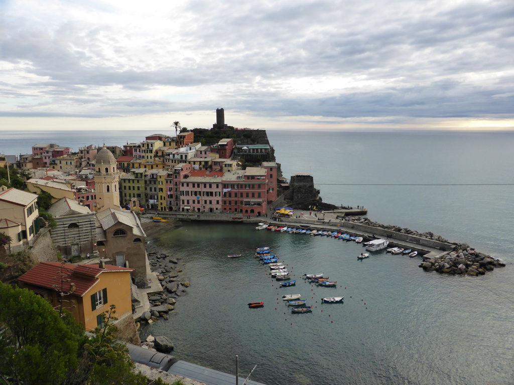 The harbour of Vernazza, the Chiesa di Santa Margherita d`Antiochia church and the Doria Castle, viewed from the path to Monterosso al Mare