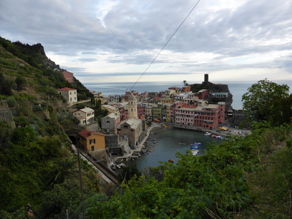 The harbour of Vernazza, the Chiesa di Santa Margherita d`Antiochia church and the Doria Castle, viewed from the path to Monterosso al Mare