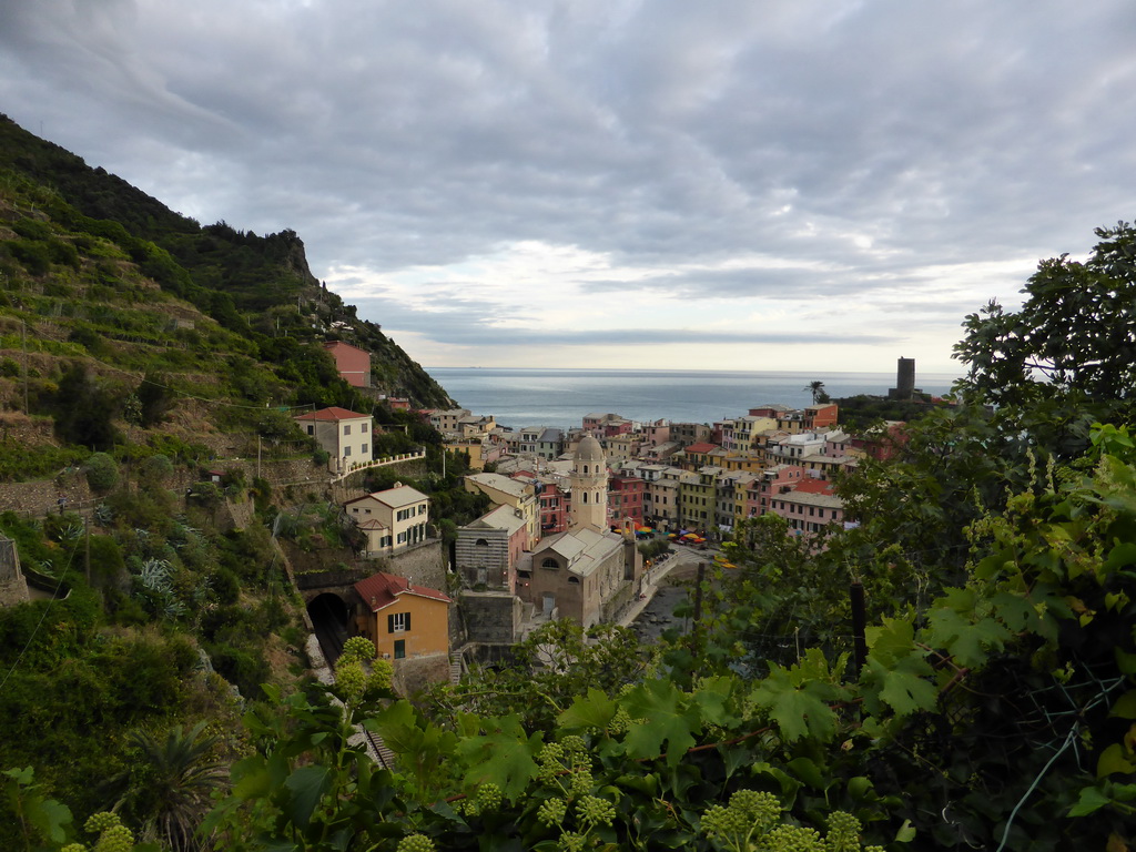 The town of Vernazza with the Chiesa di Santa Margherita d`Antiochia church and the Doria Castle, viewed from the path to Monterosso al Mare