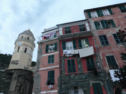 Tower of the Chiesa di Santa Margherita d`Antiochia church and houses at the Piazza Marconi square at Vernazza