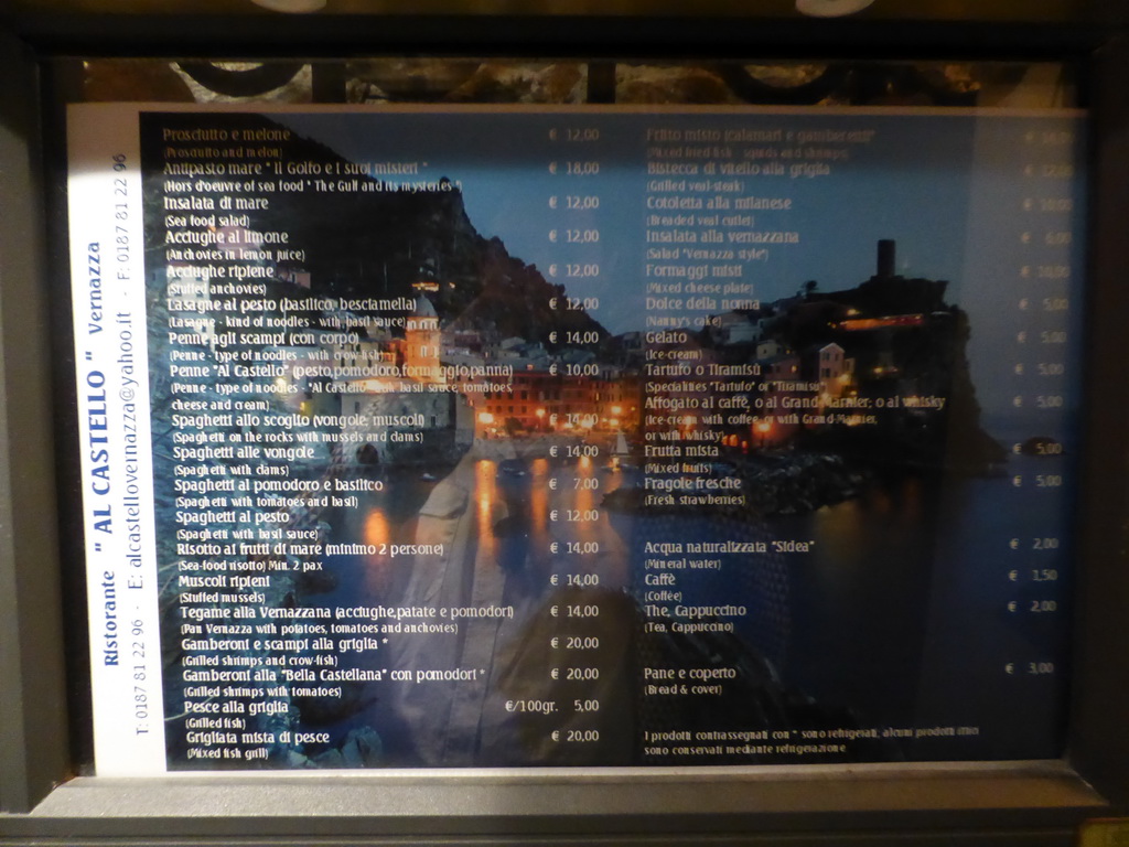 Menu of the Al Castello restaurant at Vernazza